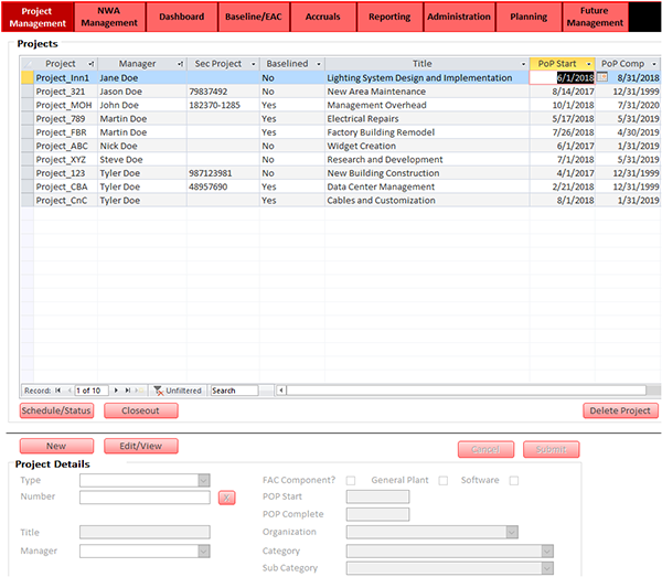 Project Management Screen in OPDEC custom PM tool.