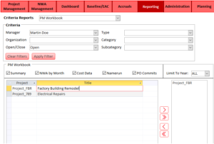 Project Management Screen for project reporting using OPDEC custom PM tool